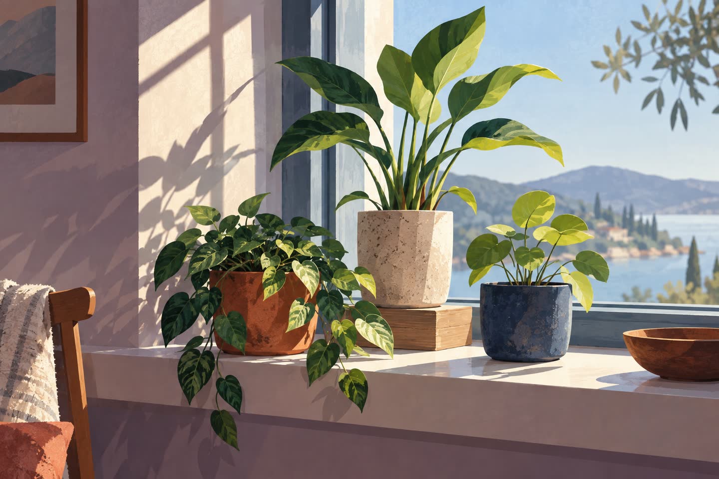 Three potted plants at unequal heights on a sunlit indoor windowsill