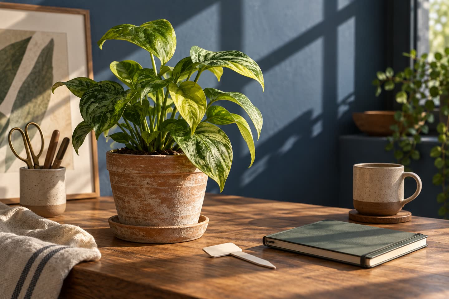 Plant beside a blank removable tag and closed notebook