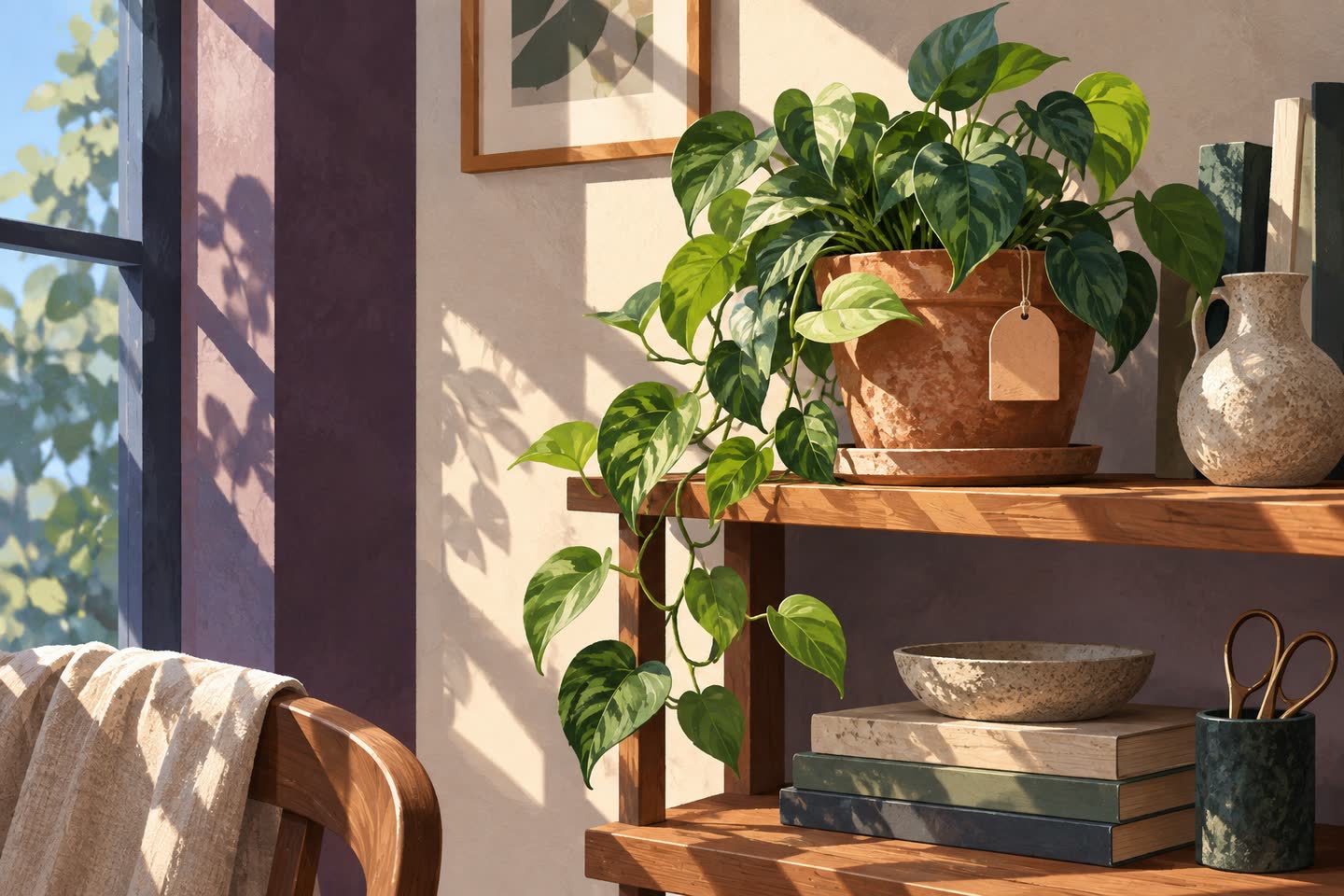 Plant on a two-level shelf corner beside a blank clay tab