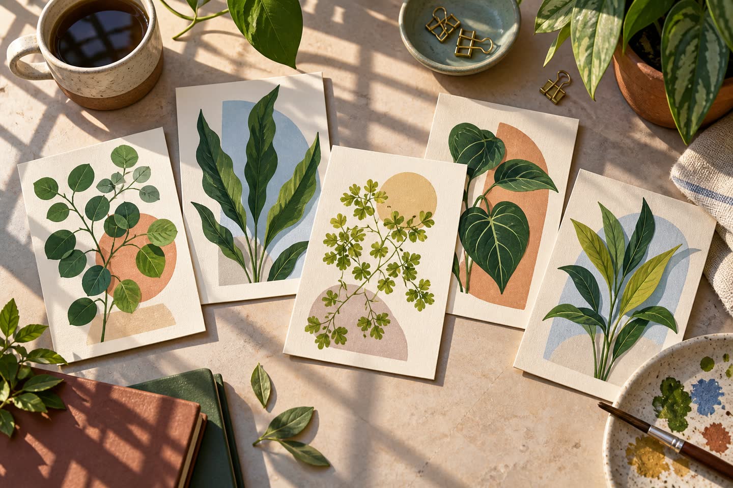 Different botanical art cards spread in an unequal fan