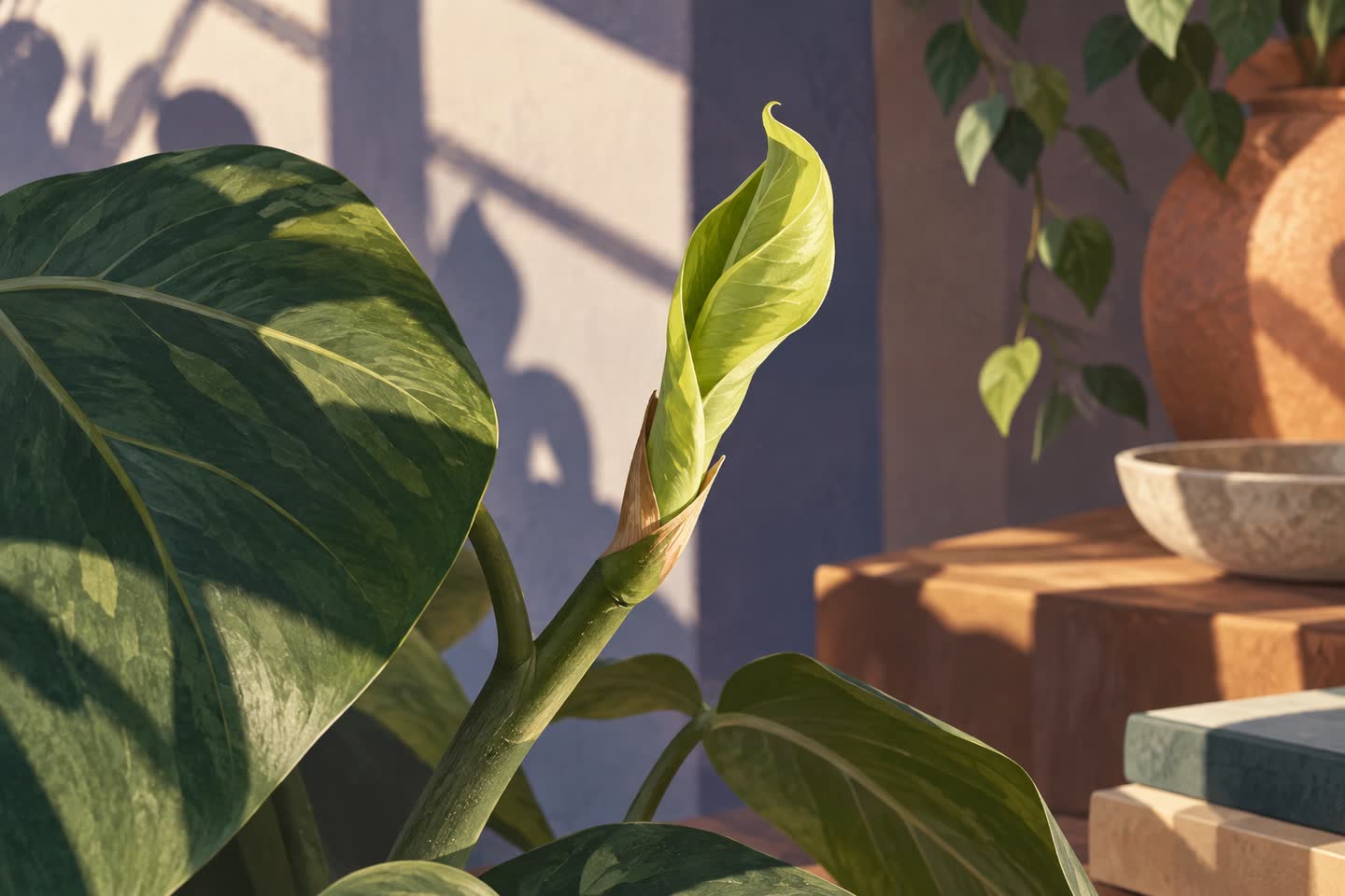Close plant tip with a small newly unfurled leaf