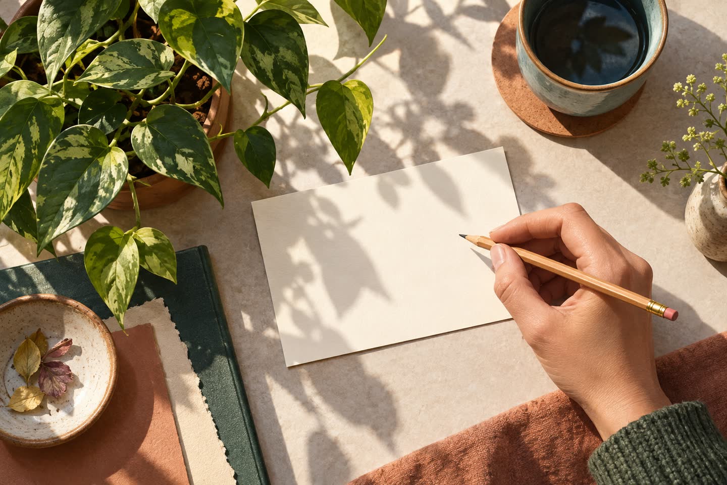 Adult hand holding a pencil above a blank card beside a plant