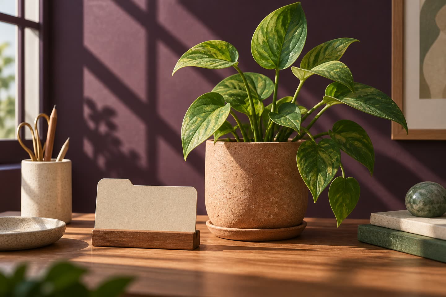 Blank clay task tile beside a potted plant