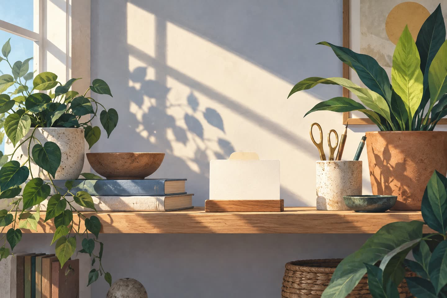 Morning light on a shelf with one raised blank reminder tab