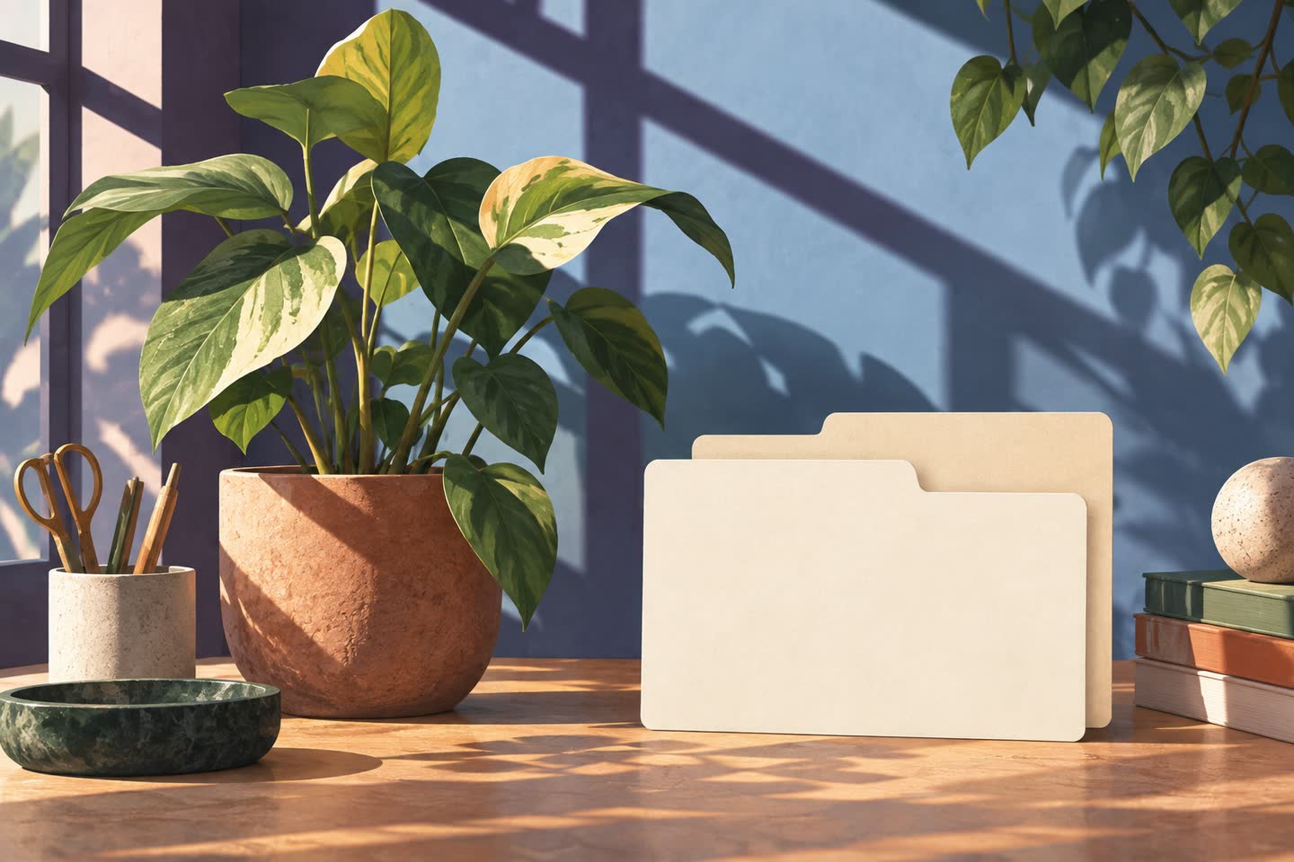 Two nested blank task tabs beside a plant