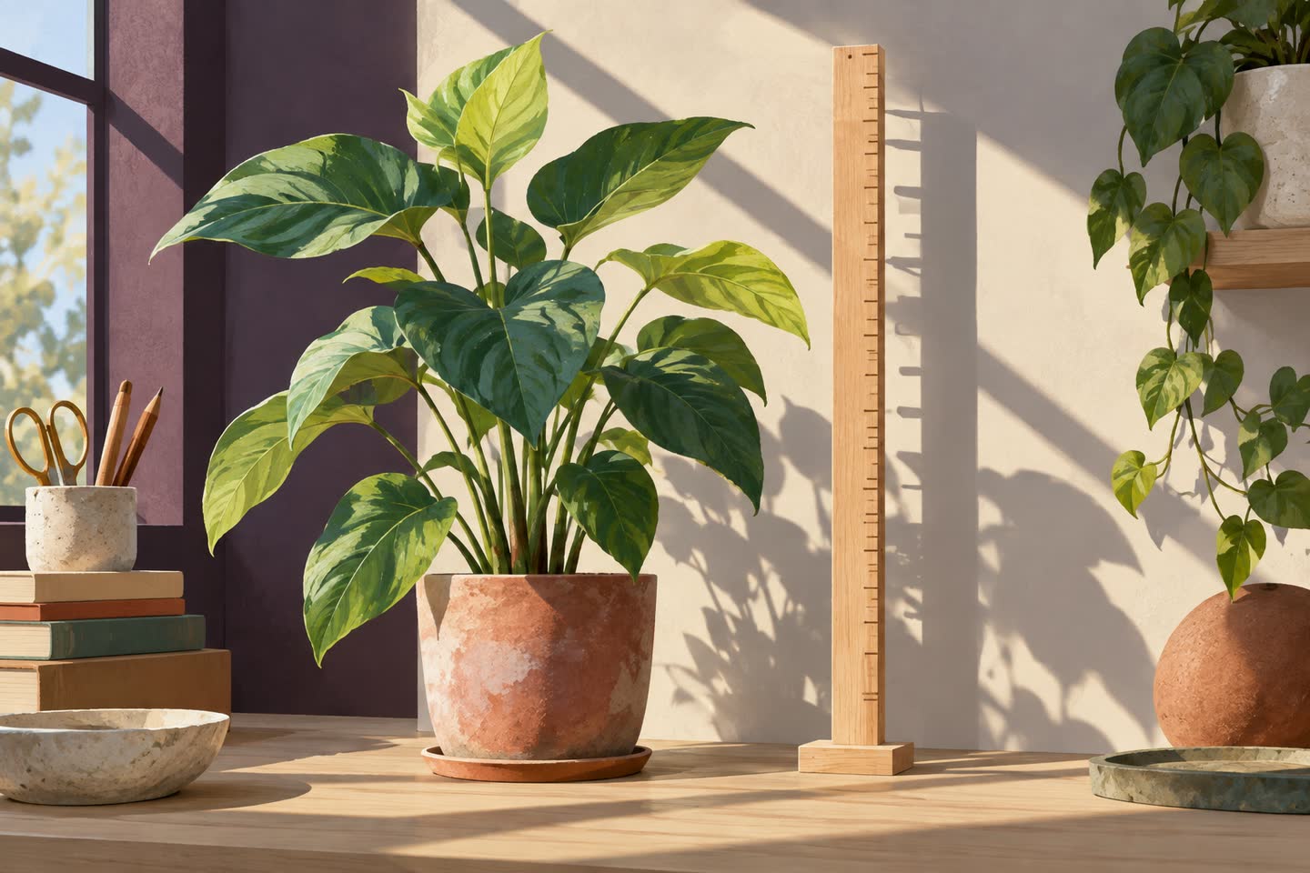 Plant beside a blank observation ruler casting small shadows