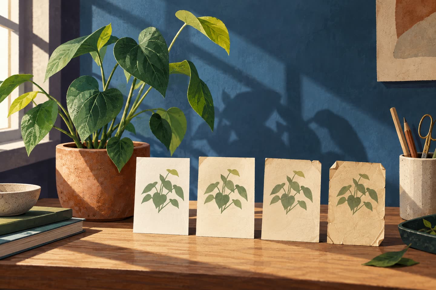 Four blank observation slips beside one plant silhouette