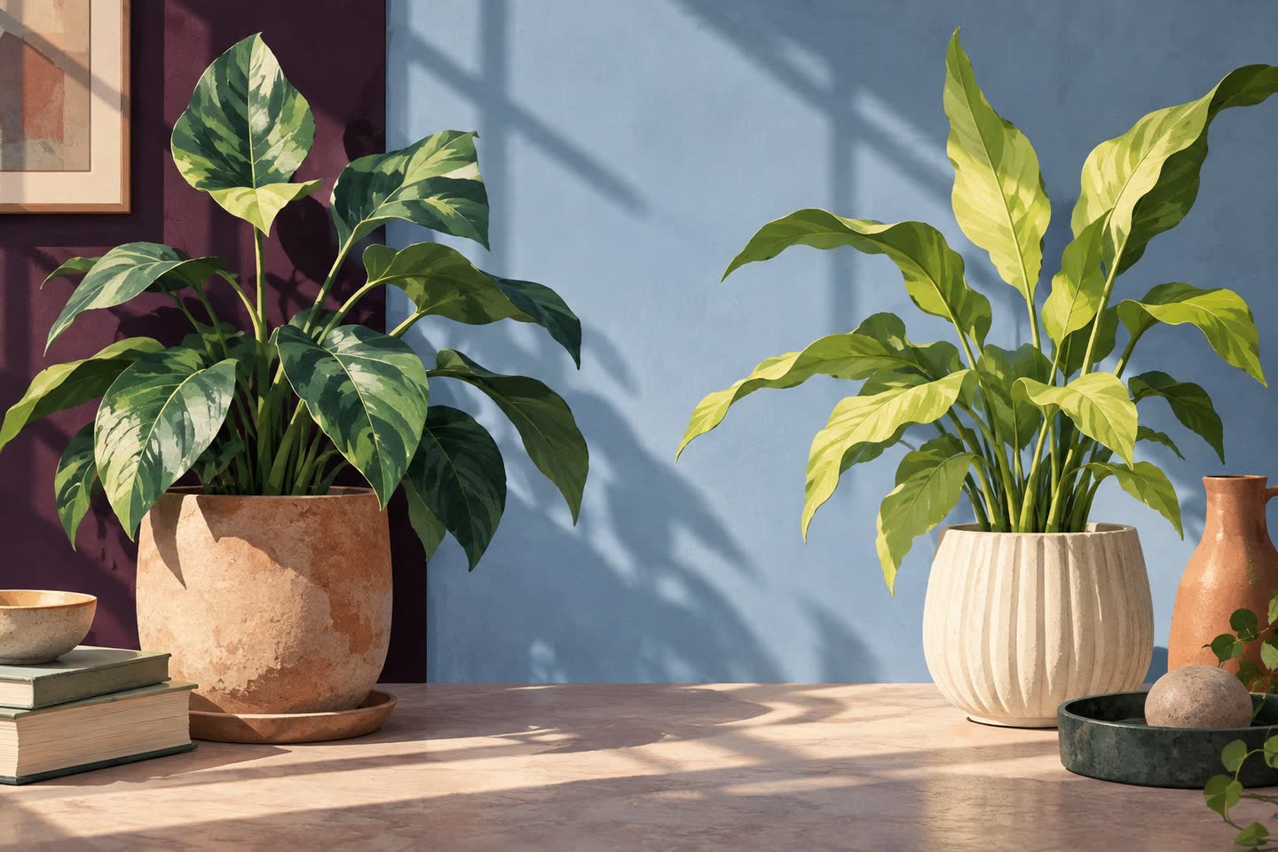 Two distinct potted plants facing each other across an empty gutter