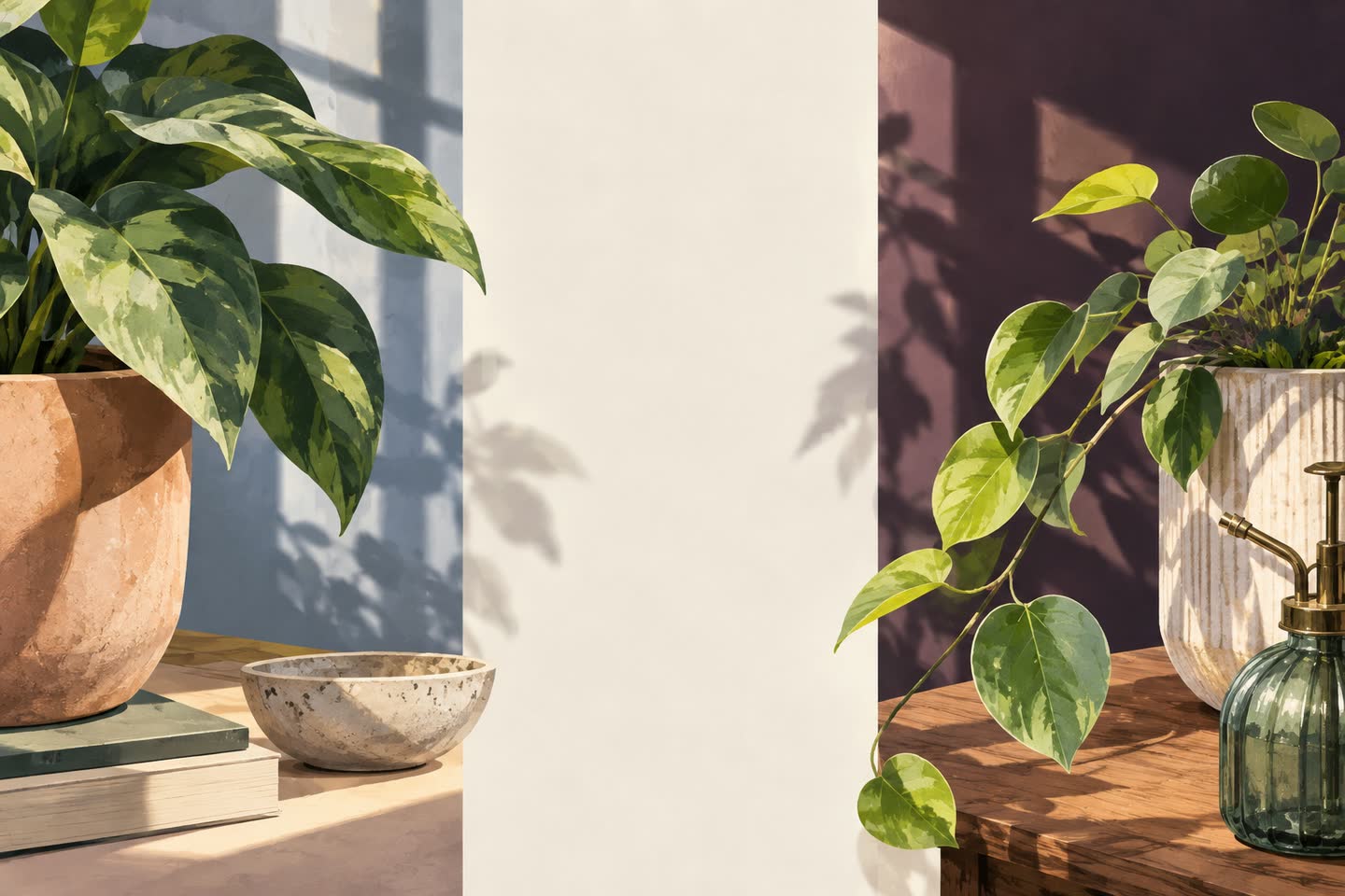 Two botanical close-ups aligned by leaf edge and pot rim