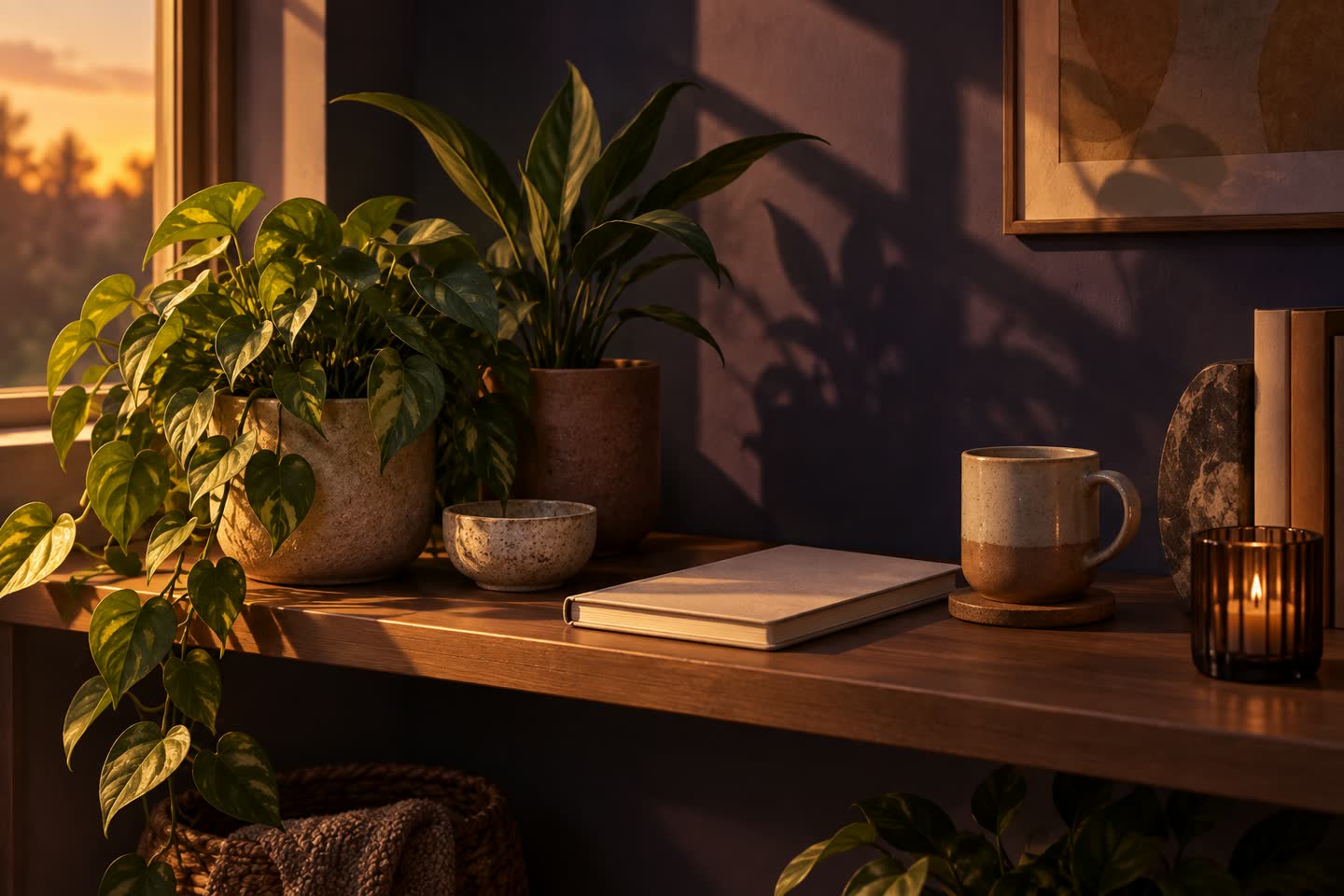 Evening shelf scene with a closed blank notebook
