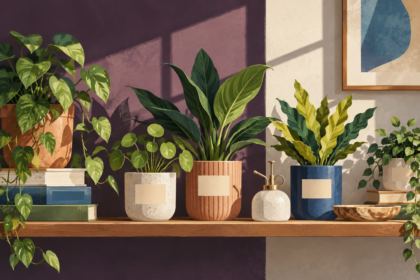 Completely still shelf with crisp settled plant silhouettes