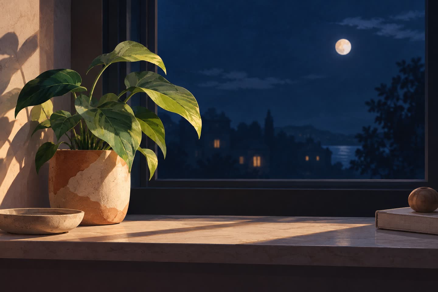 A single softly lit plant against a broad night-blue window