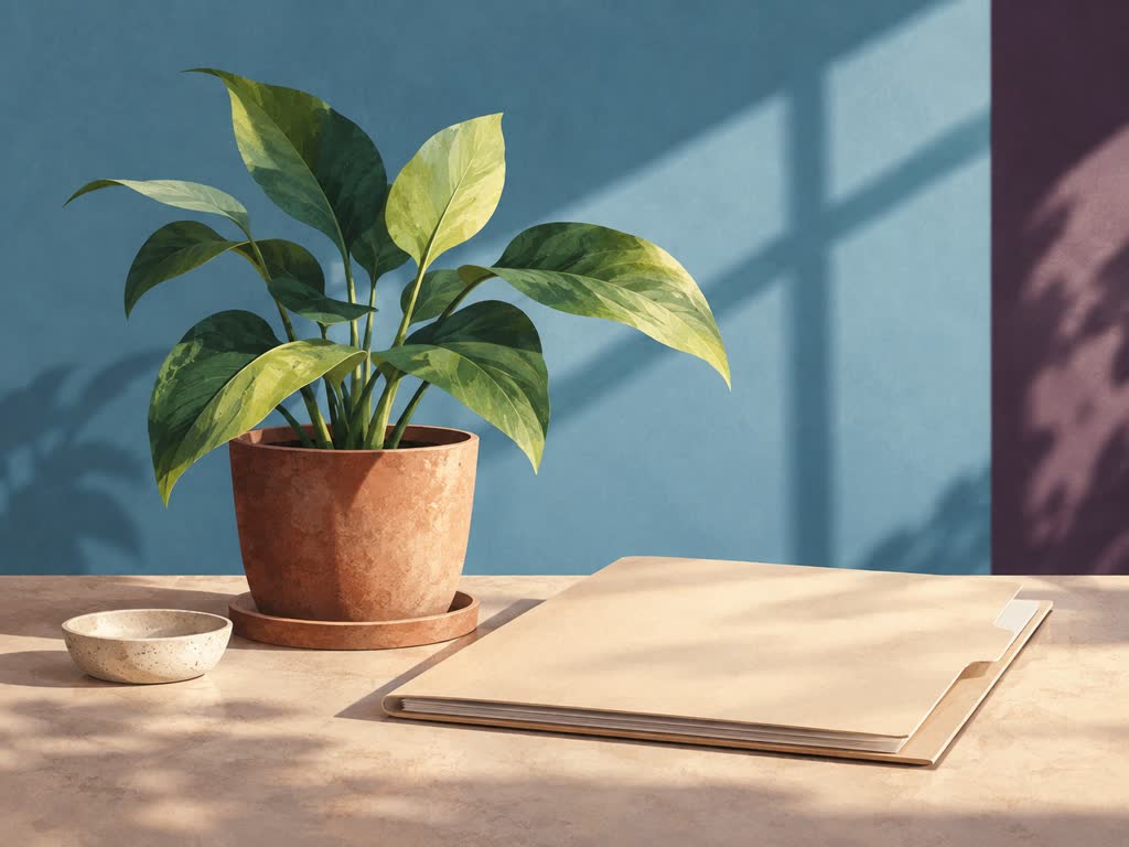 Potted plant beside a closed blank folder