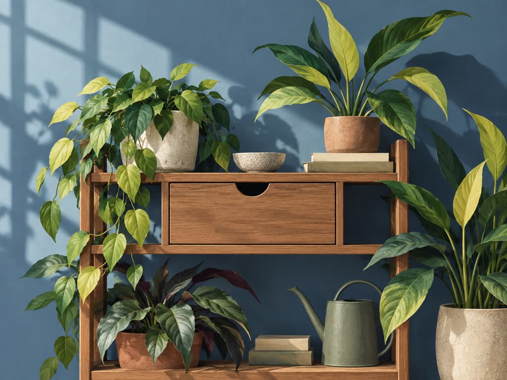 A small closed drawer built into a plant shelf
