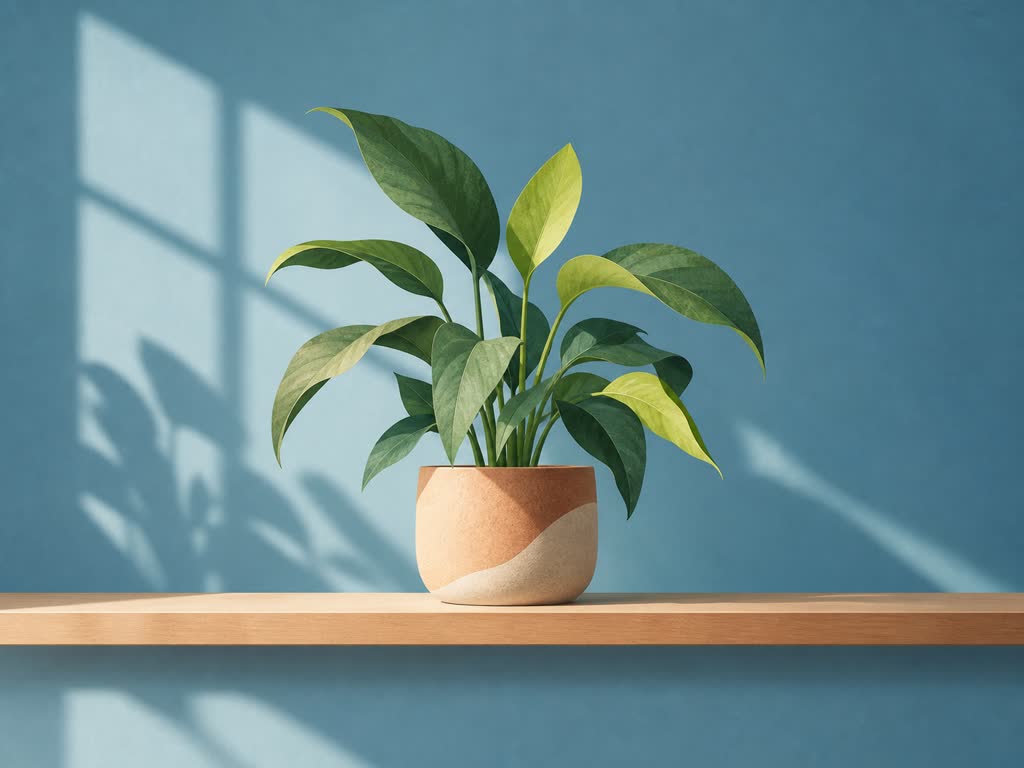 Plant on a clean shelf with open surrounding space