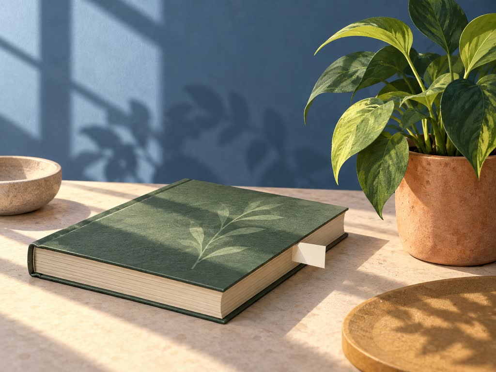 Closed botanical book beside a plant and plain outward-facing tab