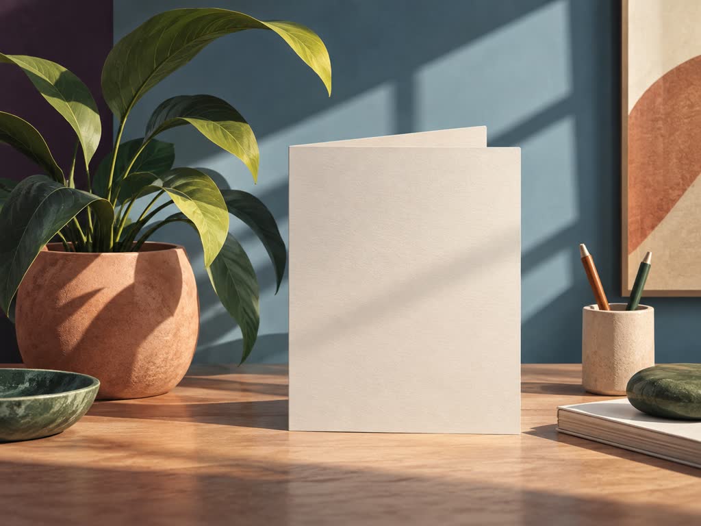 Blank folded policy folio beside a plant under steady light