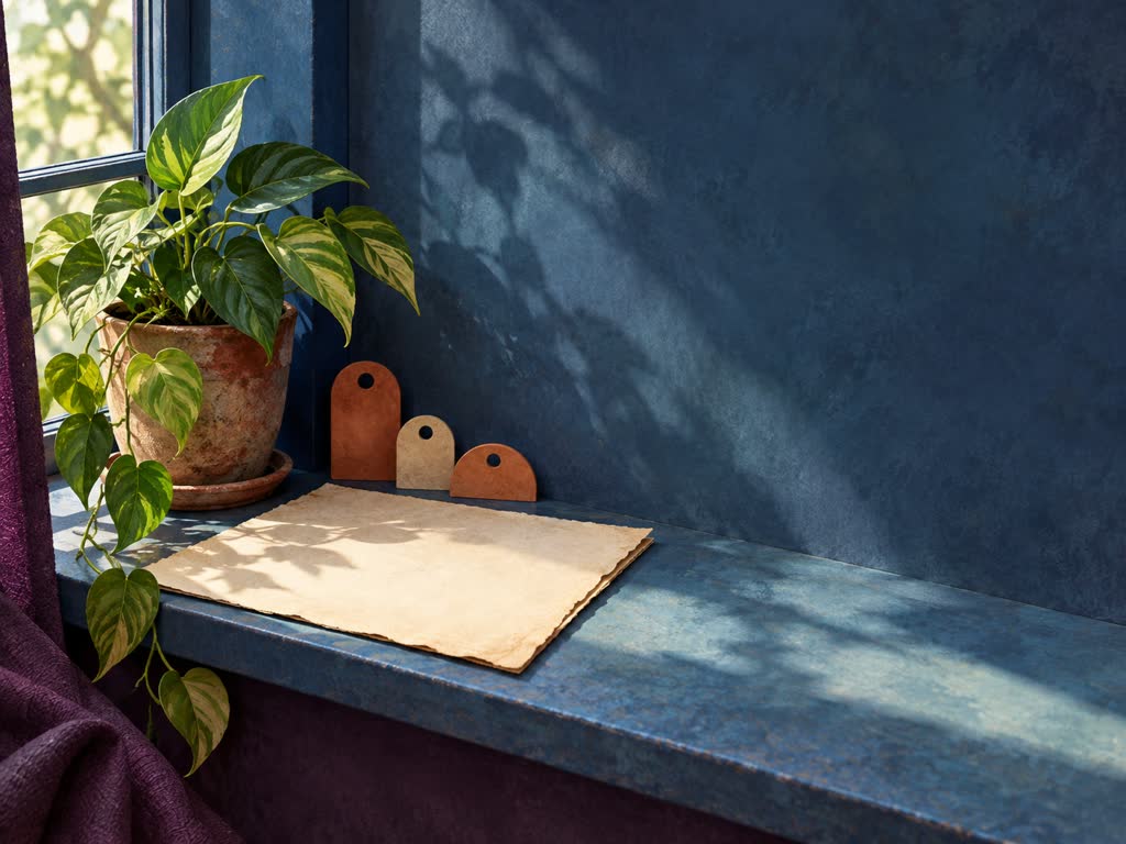 Blank parchment folio, observation tabs and a plant on a blue windowsill