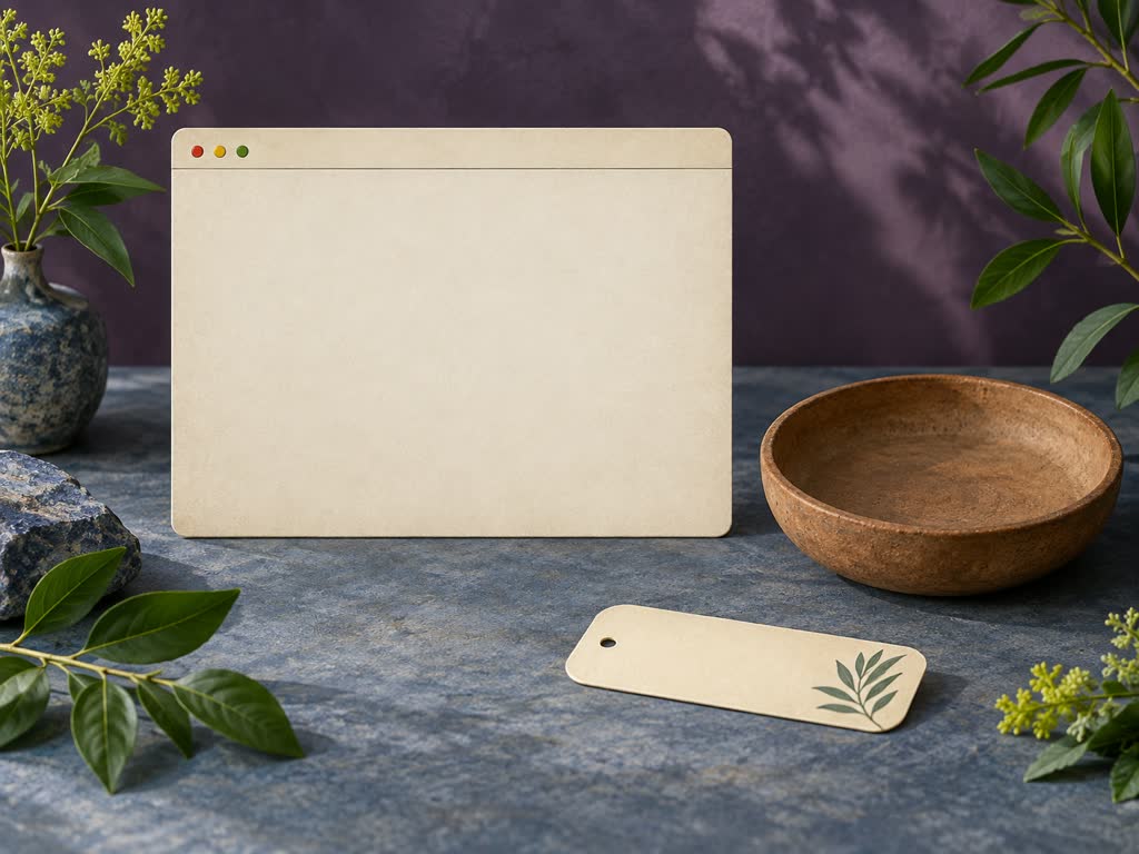 Empty parchment browser frame beside an unused clay dish